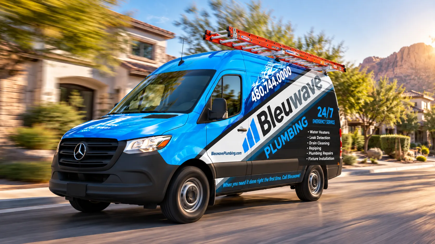 A Bleuwave Plumbing service van driving through a Valley neighborhood